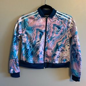 Adidas youth Med. pink blue paint swirl marble print short track jacket